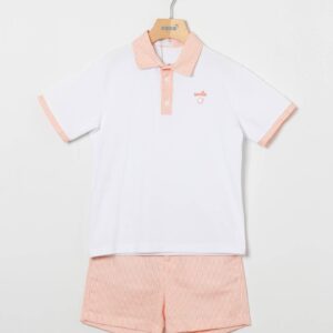 Boy's Set: White Polo and Orange Striped Bermuda Shorts